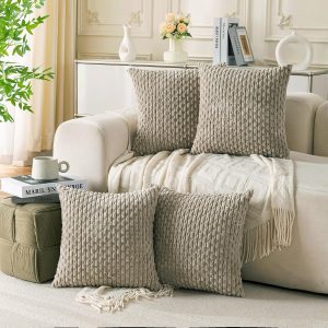 Cozoomy Set of 4 Taupe Decorative Throw Pillow Covers 18×18 Inch Corduroy Pillow Covers for Bed Couch Sofa Living Room Soft Square Cushion Cases