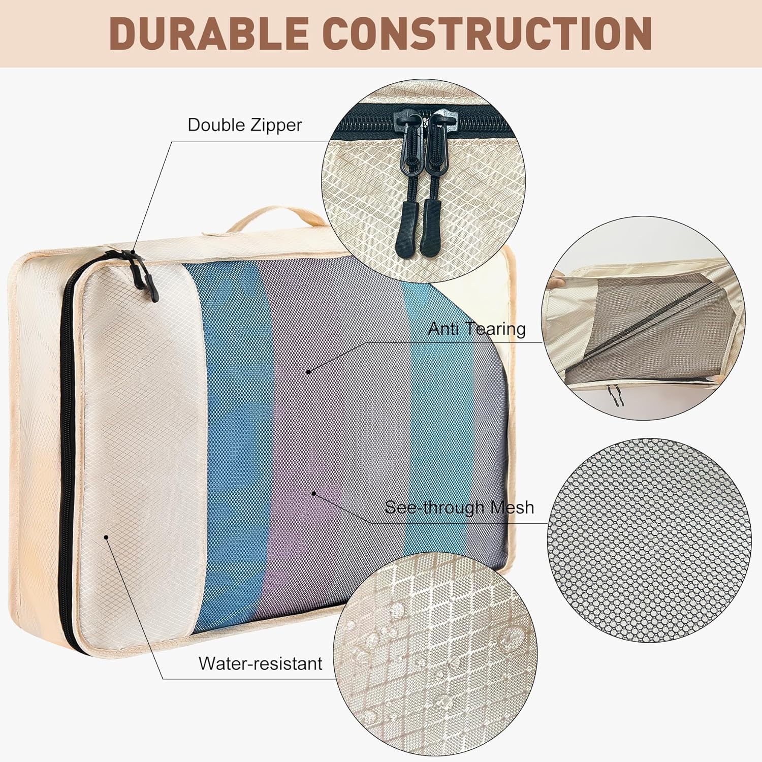 8-Piece Packing Cubes for Travel, Mesh Luggage Organizers with Shoe Bag, Toiletry Bag, Laundry Pouches, 4 Sizes (XL/L/M/S) for Suitcase Organization, Men Women Kids, Beige - Image 5