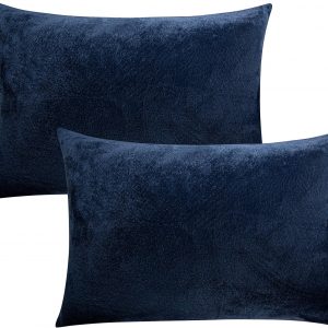 FLXXIE 2 Pack Standard Zipped Velvet Pillowcases, Soft and Cozy Solid Decorative Pillow Cases with Hidden Zipper for Bedroom, Sofa, Couch, 20×26 Inches, Navy Blue
