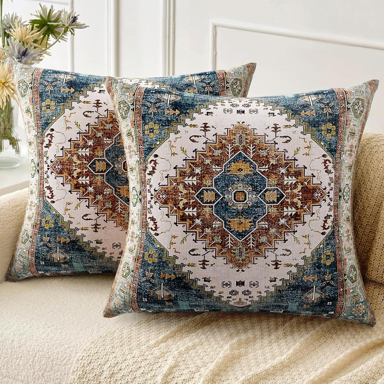 ZSYTZL Boho Throw Pillow Covers 26x26 inch Set of 2,Soft Pillowcases Bohemia Carpet Pattern Decorative Sofa Living Room Bed Square Pillow Case Cushion Cover-Blue Green
