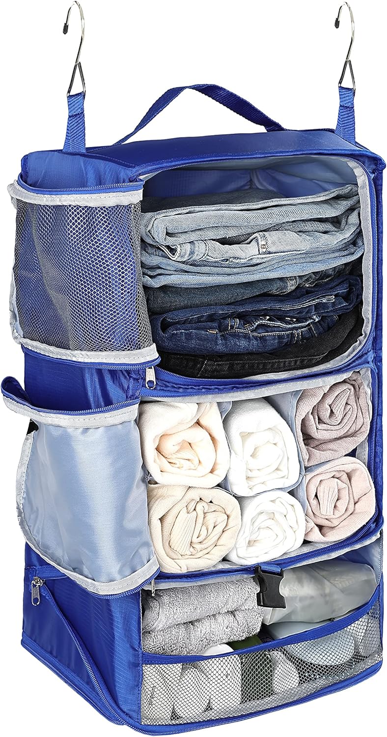 ELEZAY Hanging Packing Cubes Portable Closet 3-Shelf Travel Collapsible Compression Garment Organizer for Carry-on Luggage Suitcase Space Saver Bag X-Large_12*10 * 24 in, Blue