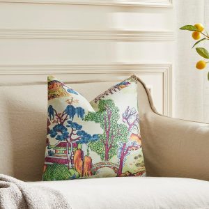 BLESFEST Pack of 2, Chinoiserie Pillow Cover 20 x 20 Inch Asian Scenic Coral and Green Throw Pillow Covers Linen Farmhouse Tree Leaves Pillow Case Cushion Covers for Sofa Couch Living Room