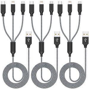 Xnewcable Multi Charging Cable 4ft 3Pack 3 in 1 Charger Cord, Multiple Rapid Nylon Braided Cable USB Charging Cable Multi Phone Charger Cord with Type C Micro Lightning USB Connectors for Cell Phones