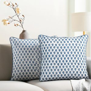 CPC 100% Cotton Throw Pillow Covers 20×20 Inch, Set of 2 Blue Block Print Pattern Couch Pillow, Cute Boho Decorative Pillows for Living Room, Bedroom with Hidden Zipper- Apatite Blue