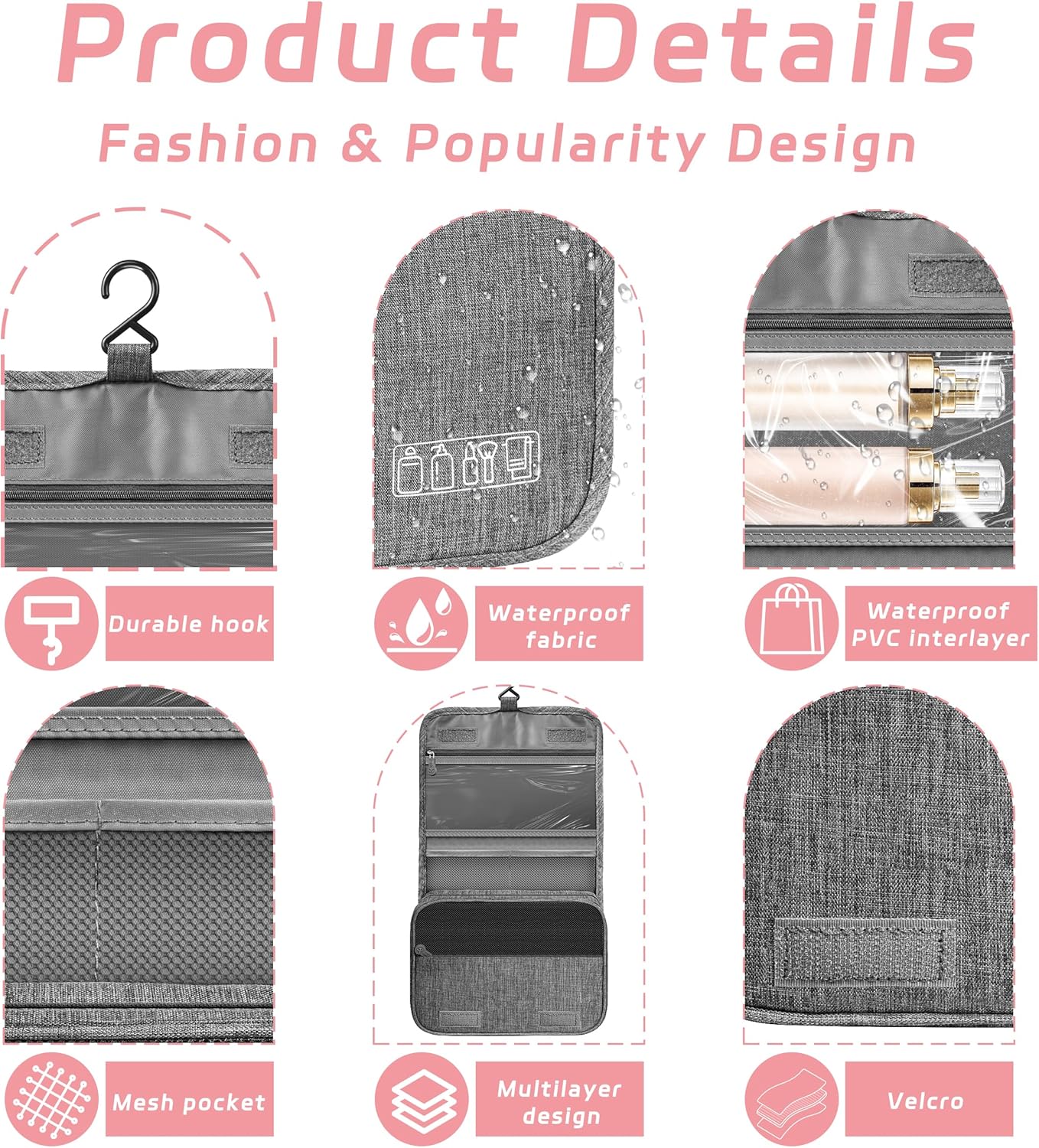 Toiletry Bag Travel Bag with Hanging Hook, Waterproof Shower Bathroom Hanging Toiletry Bag for Men Women,Small Multifunctional Makeup Cosmetic Bag,Portable Toiletries Bag Travel Organizer (Grey) - Image 3