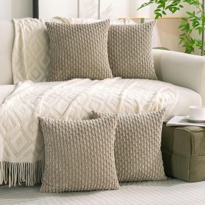 Cozoomy Set of 4 Taupe Decorative Throw Pillow Covers 18×18 Inch Corduroy Pillow Covers for Bed Couch Sofa Living Room Soft Square Cushion Cases