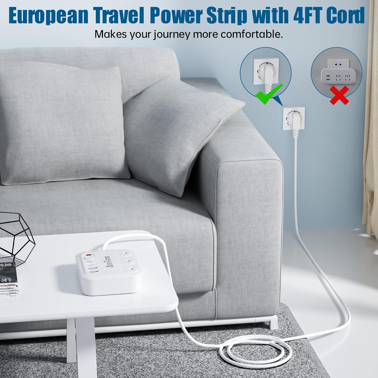 European Travel Plug Adapter with 4FT Extension Cord, (Not for UK) US to European International Plug Adapter Travel Essentials France Germany Greece - Image 6