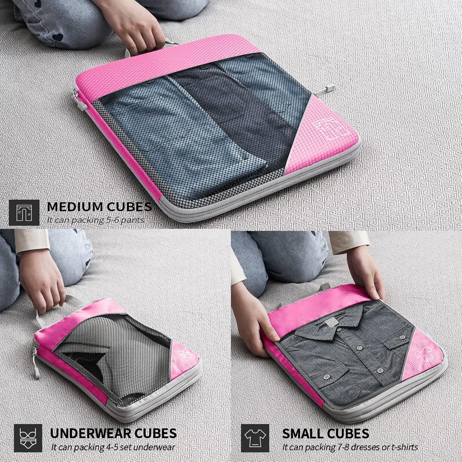 9-Set Packing Cubes with Hanging Bag | 9-Size Combination, Mesh Fabric & Reflective Stripe | Travel Luggage Organizers (Pink) - Image 5