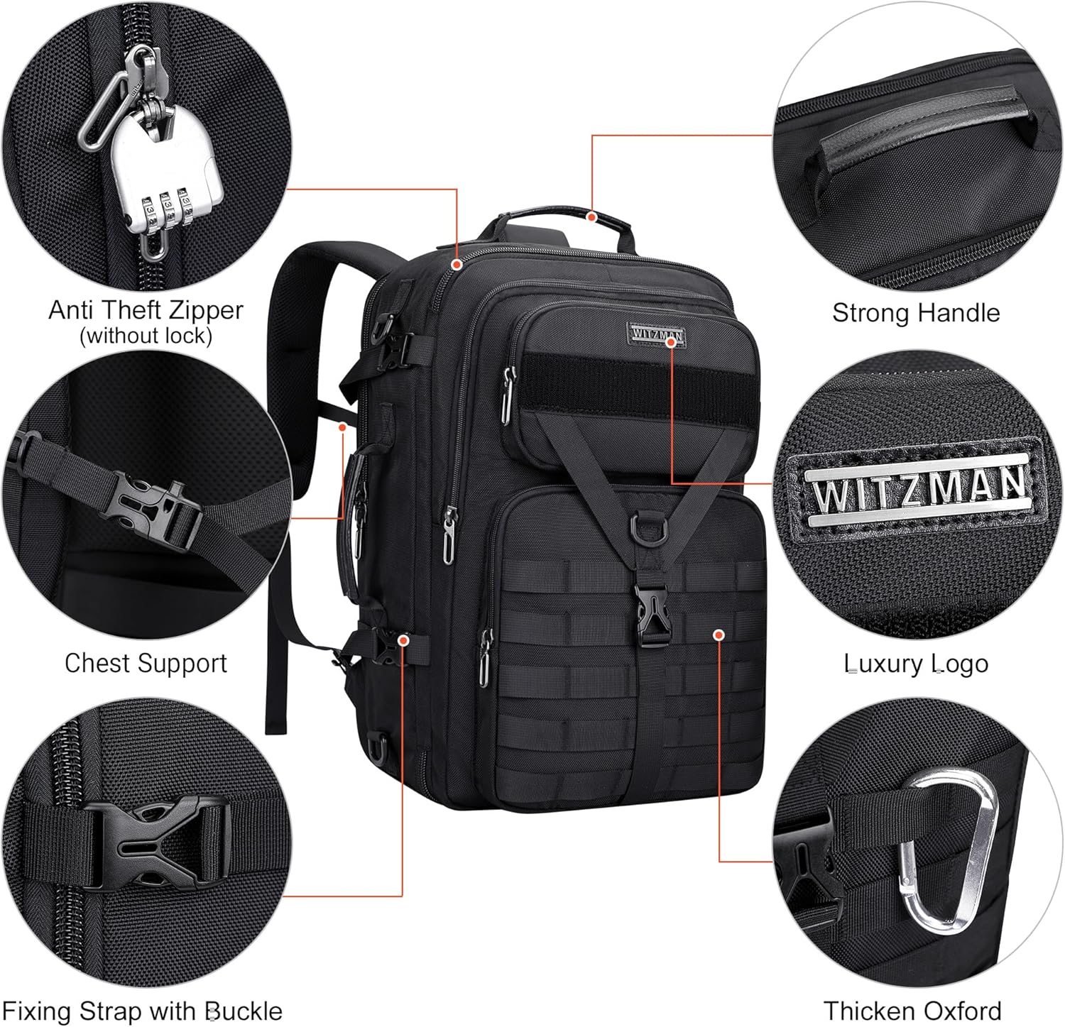 WITZMAN Carry On Travel Backpack for Men Large Convertible 45L Fit 17 Inch Laptop Backpack 3 in 1 Bag for Airline Approved(B688 Black) - Image 5