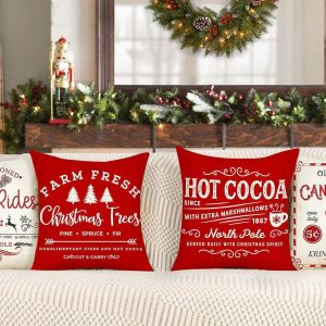 Farmhouse Christmas Pillow Covers 16×16 Set of 4 Winter Holiday Decorations Xmas Red White Rustic Throw Cushion Case for Sofa Couch Home Decor (Sleigh Rides, Farm Fresh Tree, Cocoa, Candy Canes)