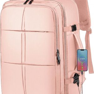Travel Backpack, 55L Carry On Backpack for Men Women Flight Approved, Expandable Large Luggage Bag Daypack Water Resistant Overnight Business Weekender Bag, Fits 18.4 Inch Laptops, Pink
