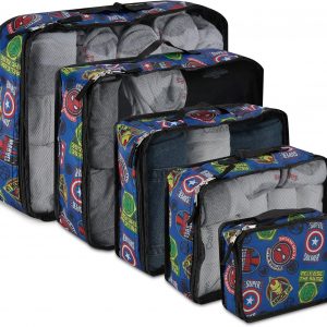 Marvel Comics 5-Piece Packing Cube Set – Spiderman, Ironman, Captain America – 5 Piece Packing Cubes Compression Travel Essential Accessories – Luggage Suitcase Organizer Set – For Kids, Adults