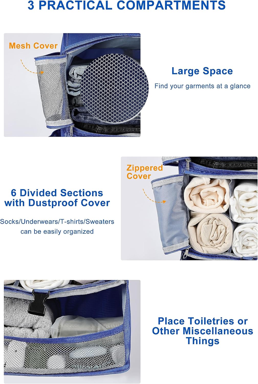 ELEZAY Hanging Packing Cubes Portable Closet 3-Shelf Travel Collapsible Compression Garment Organizer for Carry-on Luggage Suitcase Space Saver Bag X-Large_12*10 * 24 in, Blue - Image 3