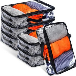 6 Pieces Large Clear Travel Packing Cube Clear Vinyl Zippered Storage Bags See Through Moving Bag PVC Multipurpose Pouch with Handle for Suitcase Shirts Dress Storage (Black, 15.8 x 10.2 x 3.9 Inch)